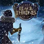 En person med pälsjacka och kniv står mot en skelettliknande varelse i en snöstorm med en skylt ovanför som säger Black Thrones