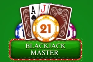 Kort med ess och knekt, spelmarker i olika färger och texten Blackjack Master på grön bakgrund