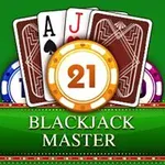 Kort med ess och knekt, spelmarker i olika färger och texten Blackjack Master på grön bakgrund