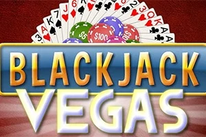 En bild med spelkort, spelmarker och texten Blackjack Vegas i färgglada bokstäver
