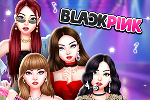 Fyra tecknade kvinnor med modekläder och smycken står framför en färgglad, glittrande bakgrund med texten BLACKPINK ovanför