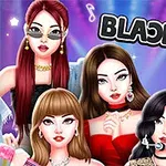 Fyra tecknade kvinnor med modekläder och smycken står framför en färgglad, glittrande bakgrund med texten BLACKPINK ovanför