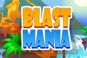Färgglada bokstäver med texten Blast Mania framför en tecknad bakgrund med palmer, vattenfall och en vulkan