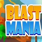 Färgglada bokstäver med texten Blast Mania framför en tecknad bakgrund med palmer, vattenfall och en vulkan