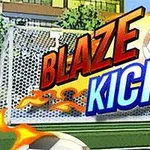 Texten Blaze Kick i eldiga färger framför ett fotbollsmål med en fotboll som har eldflammor