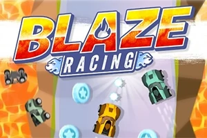 Färgglada bilar som kör på en bana med texten Blaze Racing ovanför