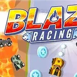 Färgglada bilar som kör på en bana med texten Blaze Racing ovanför