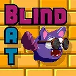 En lila fladdermus med glasögon framför en gul tegelvägg med texten BLIND BAT