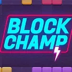 Färgglada block omger texten BLOCK CHAMP med en blixtsymbol mot en mörk bakgrund