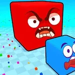 Två färgglada kuber med animerade ansiktsuttryck, en röd arg och en blå förvånad, mot en schackrutig bakgrund med färgglada prickar