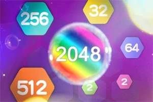 Färgglada hexagoner med siffror som 2048, 256 och 512 mot en lila bakgrund