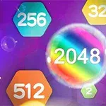 Färgglada hexagoner med siffror som 2048, 256 och 512 mot en lila bakgrund
