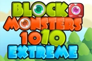 Färgglad text med orden Block Monsters 1010 Extreme mot en bakgrund av träd och blå himmel