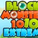 Färgglad text med orden Block Monsters 1010 Extreme mot en bakgrund av träd och blå himmel