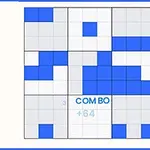 Ett rutnät med blå och grå rutor som visar ordet COMBO och en poäng på +64