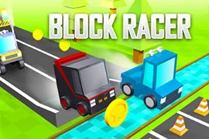 Två kantiga bilar kör på en väg med gyllene mynt och trafik-konor, med texten Block Racer i bakgrunden