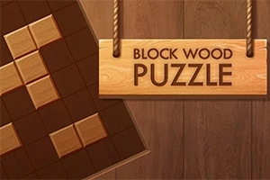 Träplatta med pusselbitar i trä och en skylt med texten Block Wood Puzzle hängande ovanför