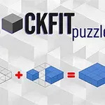 Texten BLOCKFIT puzzler med geometriska blå block och symboler för addition och lika med