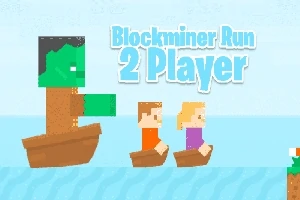 Två pixlade figurer i en båt förföljs av en större karaktär i en annan båt, mot en bakgrund av blå himmel och texten Blockminer Run 2 Player