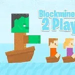 Två pixlade figurer i en båt förföljs av en större karaktär i en annan båt, mot en bakgrund av blå himmel och texten Blockminer Run 2 Player
