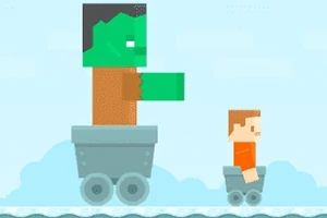 En pixlad illustration av en grön jättefigur och en mindre mänsklig figur båda åkandes i små vagnar med hjul på en isbana med blå bakgrund
