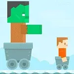 En pixlad illustration av en grön jättefigur och en mindre mänsklig figur båda åkandes i små vagnar med hjul på en isbana med blå bakgrund