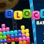 Färgglada block staplade i ett spelmönster med texten Blocks Battle och en astronaut i rymden