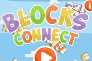 Färgglad text med orden Blocks Connect på blå bakgrund med vita moln och ett orange spelknapp i mitten