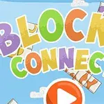 Färgglad text med orden Blocks Connect på blå bakgrund med vita moln och ett orange spelknapp i mitten