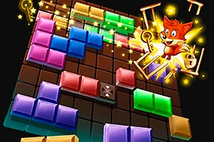 Färgglada block arrangerade på ett rutnät med en tecknad räv och glittrande effekter