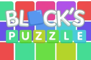 Texten BLOCKS PUZZLE i färgglada bokstäver mot en bakgrund av flerfärgade block