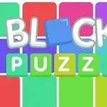 Texten BLOCKS PUZZLE i färgglada bokstäver mot en bakgrund av flerfärgade block