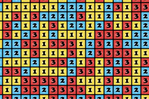 Blocks123 FÀrgade rutor med siffrorna 1, 2 och 3 i ett rutnÀt, dÀr bakgrunderna Àr gula, blÄ och röda