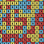 Blocks123 FÀrgade rutor med siffrorna 1, 2 och 3 i ett rutnÀt, dÀr bakgrunderna Àr gula, blÄ och röda