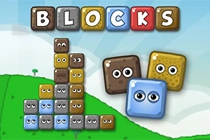 Färgglada block med ansikten och bokstäver som bildar ordet BLOCKS mot en tecknad landskapsbakgrund