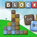 Färgglada block med ansikten och bokstäver som bildar ordet BLOCKS mot en tecknad landskapsbakgrund