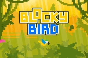 Pixelkonst med ett blockigt fågelmotiv mot en grön och gul bakgrund med texten BLOCKY BIRD i bakgrunden