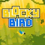 Pixelkonst med ett blockigt fågelmotiv mot en grön och gul bakgrund med texten BLOCKY BIRD i bakgrunden
