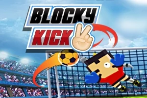 Tecknad målvakt med blå handskar hoppar framför ett fotbollsmål, med en flygande boll och texten Blocky Kick i bakgrunden