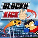 Tecknad målvakt med blå handskar hoppar framför ett fotbollsmål, med en flygande boll och texten Blocky Kick i bakgrunden