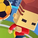 Kubistisk figur i rött tröja spelar fotboll på en grön plan