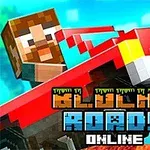 En pixlad karaktär kör en röd bil mot en turkos bakgrund med texten Blocky Roads Online i förgrunden