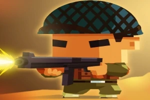 Tecknad soldat i uniform och hjälm avfyrar ett vapen mot en bakgrund med varm ton