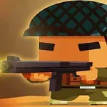 Tecknad soldat i uniform och hjälm avfyrar ett vapen mot en bakgrund med varm ton