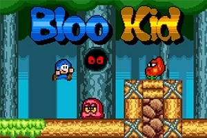 En pixelgrafik med en blå figur som hoppar över fiender och hinder i en skogsmiljö, med titeln Bloo Kid överst