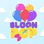 Flera färgglada ballonger och texten BLOON POP syns mot en ljusblå himmel med vita moln