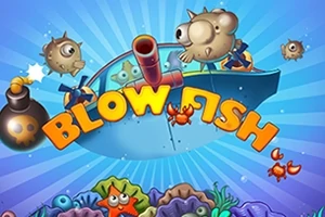 Tecknat undervattensmotiv med blåsfiskar, en bomb och en båt, samt färgglada koraller och texten Blow Fish i förgrunden