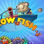 Tecknat undervattensmotiv med blåsfiskar, en bomb och en båt, samt färgglada koraller och texten Blow Fish i förgrunden