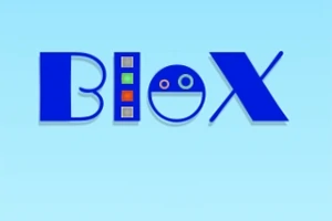 Blå bokstäver som bildar ordet Blox med en streckgubbeansikte som o mot en ljusblå bakgrund