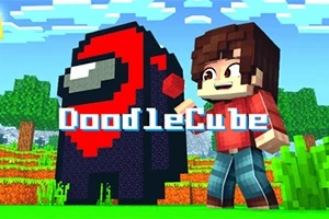 En pixelkonstfigur med brunt hår står bredvid ett stort, svart och rött kosmonautliknande objekt i en blockig landskap med träd och gräs med ordet DoodleCube över bilden